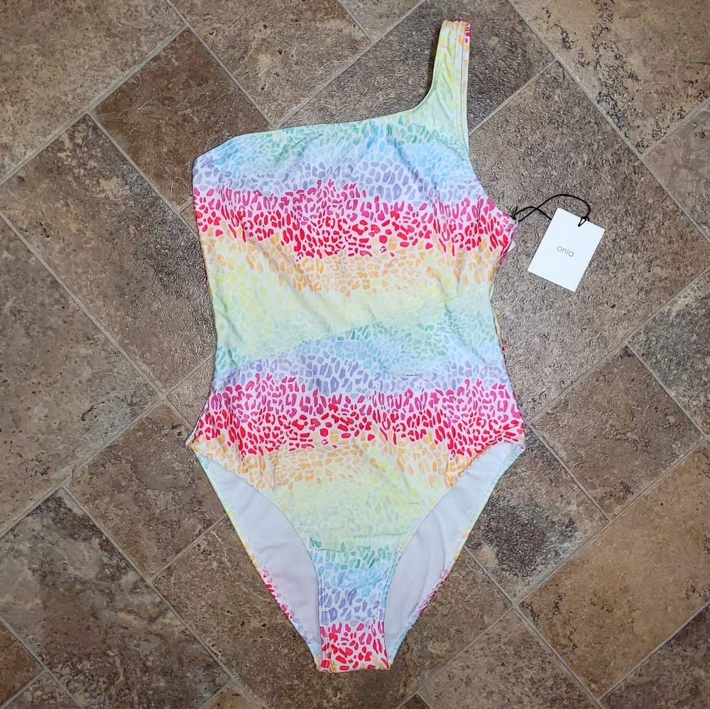 Onia Pastel Leopard Print One Shoulder Swimsuit
